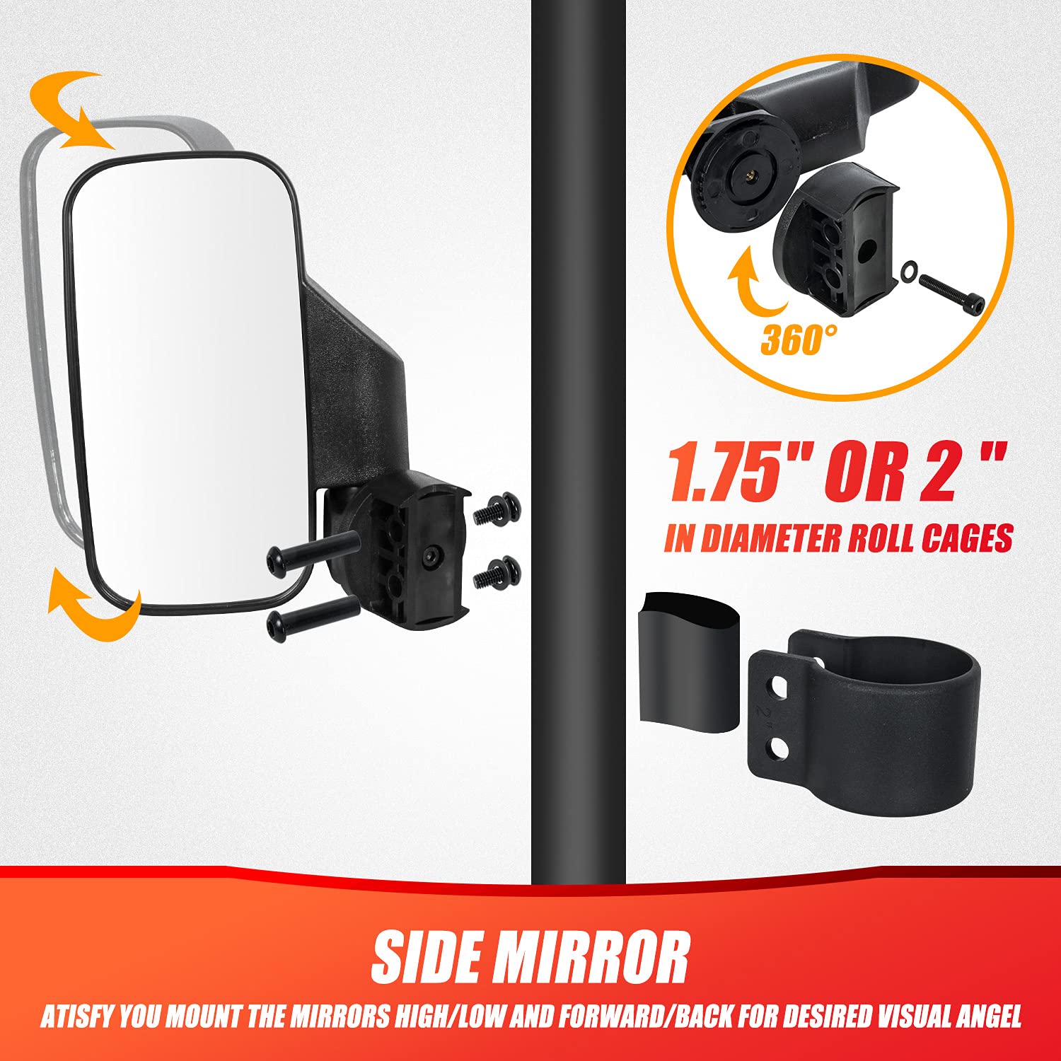 RANSOTO UTV Side Rear View Mirror and Center Mirror For 1.75" to 2" Roll Bar Compatible with Polaris RZR 900 1000 Turbo PRO XP, Honda Pioneer 1000, Yamaha Rhino, Kawasaki Teryx, Can-AM Maverick